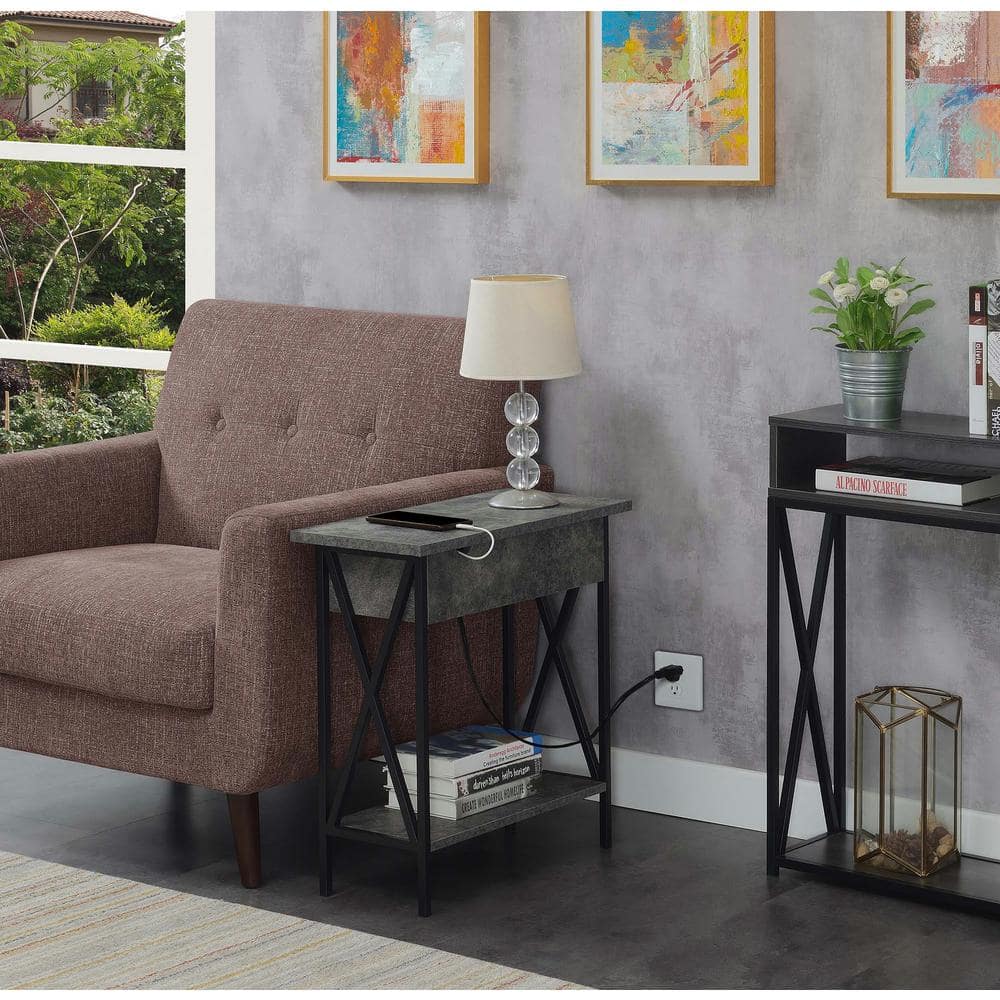 Tucson Square Cement & Black Wood Metal End Table with USB Ports