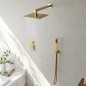 2-Spray Patterns with 2.5 GPM 10 in. Wall Mount Dual Shower Heads with Hand Shower in Brushed Gold (Valve Included)