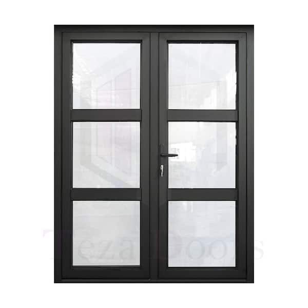 Teza 75 Series 74 in x 80 in Right Hand Matte Black Tempered Low-E Aluminum Double Prehung French Door