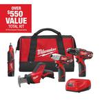 M12 12V Lithium-Ion Cordless Combo Tool Kit (4-Tool) with (3) 1.5Ah Batteries, (1) Charger, (1) Tool Bag