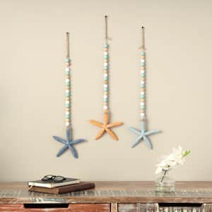 Wood Blue Handmade Textured Starfish Wall Art with Long Beaded Hanging Rope (Set of 3)