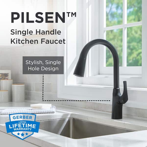 Pilsen Single Handle Pull Down Sprayer Kitchen Faucet with Deck Plate with Soap Dispenser in SpotArmor Matte Black