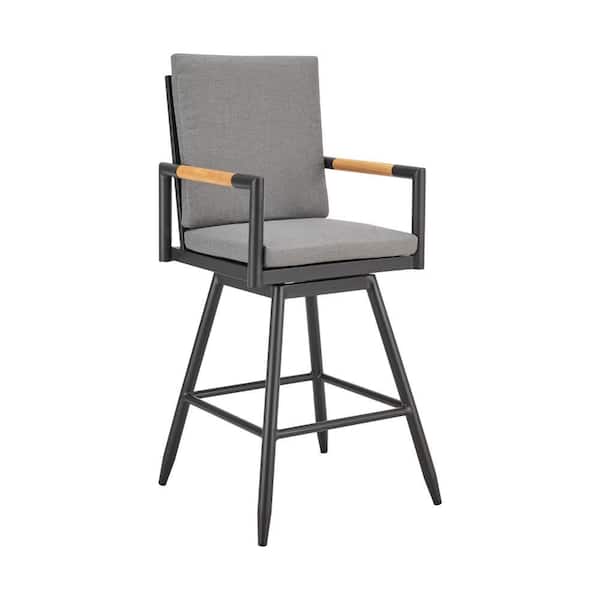 Benjara Razi Swivel Aluminum Outdoor Bar Stool with Gray Cushion