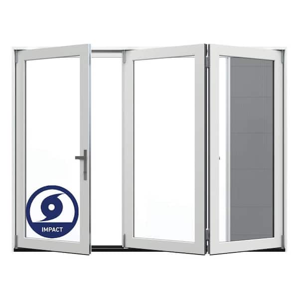 107.5 in. x 80 in. Right-Hand Primed Fiberglass 3-Panel Folding Patio Door w/ Low-E Impact Glass and  Retract Screen