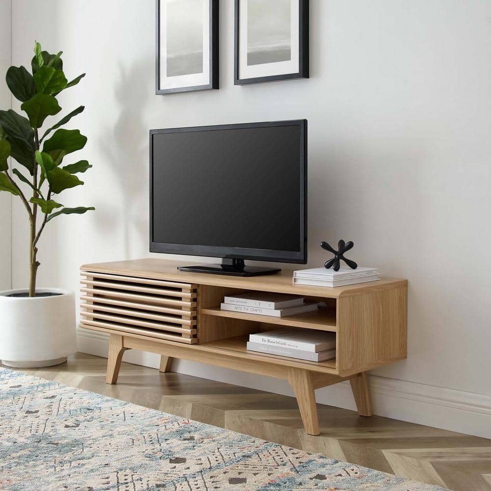 Modern Oak 48" TV Stand with Slatted Cabinet and Tapered Legs