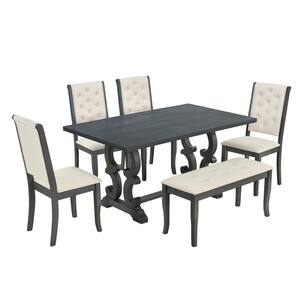 Antique Gray 6-Piece Wood Outdoor Dining Set with White Cushion