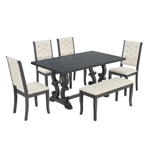 Sudzendf Antique Gray 6-Piece Wood Outdoor Dining Set with White Cushion