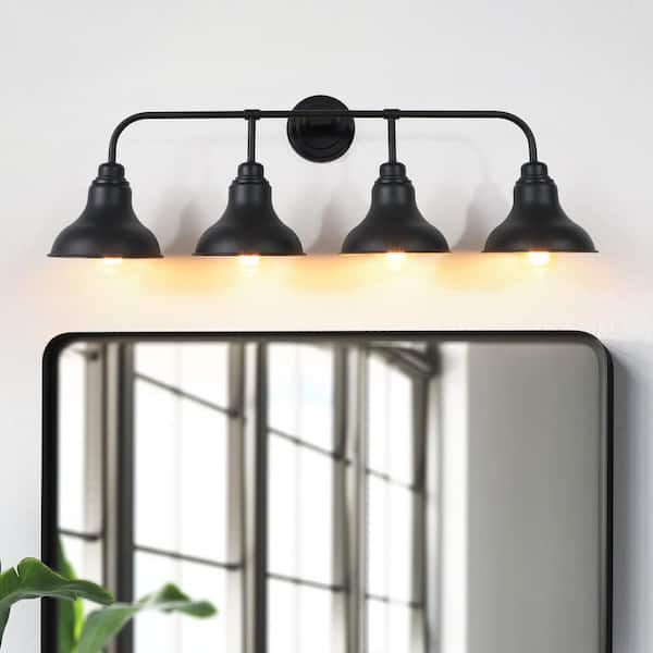 Modern 34.25 in. 4-Light Black Vanity Light with Black Metal Shades