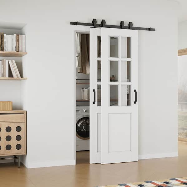 ARK DESIGN 40 in. x 80 in. (Double 24 in.) 6 Lite Clear Glass White Primed MDF Sliding Barn Door with Hardware Kit Bypass