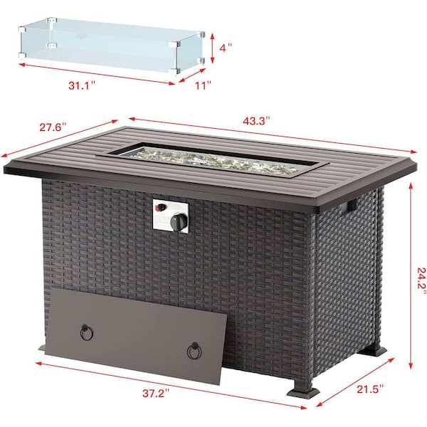 Wicker Outdoor Fire Pit Table with Adjustable Flame, glass wind guard and cover