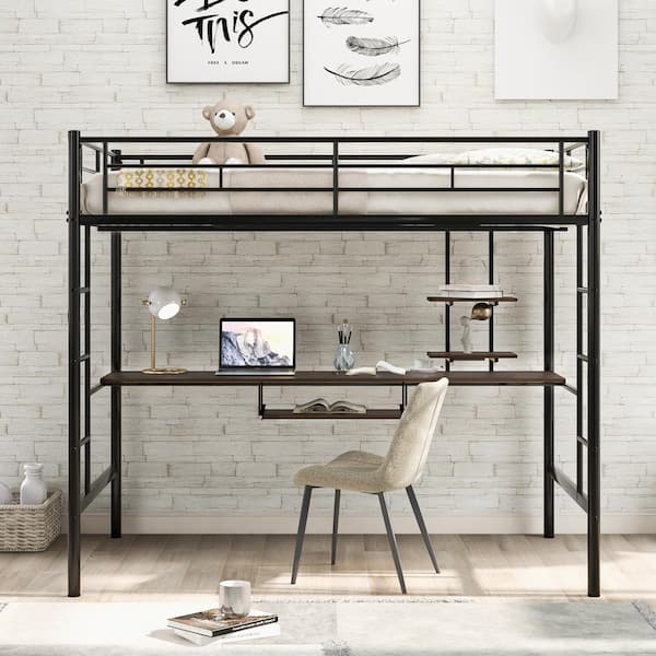 Black Full Size Metal Loft Bed with Desk and Shelf, Space-saving Kids Loft Bed With Metal Frame