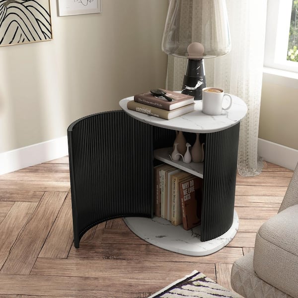 Furniture of America Malo 20.4 in. Faux White Marble Engineered Wood Triangle Black End Table With Storage And Shelf