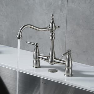 Double-Handle Bridge Kitchen Faucet Deck-Mount, 2 Hole Brass Kitchen Sink Faucet in Brushed Nickel