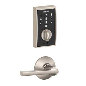 Century Touch Electronic Keypad Door Lock Deadbolt and Latitude Handle in Satin Nickel
