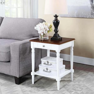 French Country 18 in. Dark Walnut/White Standard Square Wood End Table with Shelf