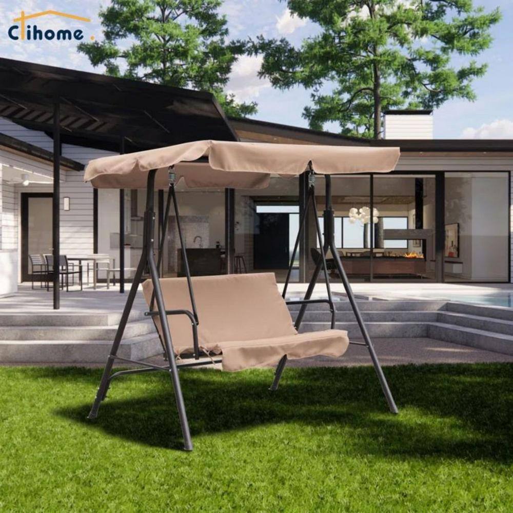 Khaki Steel Frame 2-Person Outdoor Porch Swing with Removable Cushions