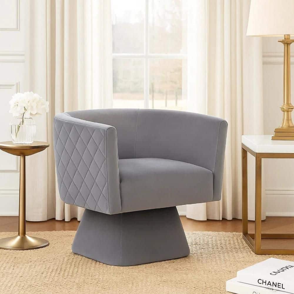 Benjara Cabe Gray Velvet Accent Arm Chair with Diamond Stitch Back