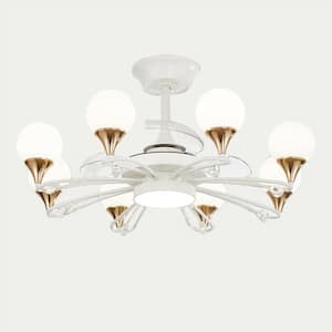 34 in. Modern Indoor Bedroom Chandelier with Fan and Remote, White Led Ceiling Fan with Milky Globe Lampshade