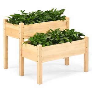 34 in. x 34 in. Wooden 2-Tier Raised Garden Bed Elevated Planter box w/8 Drainage Holes Outdoor Planter Box