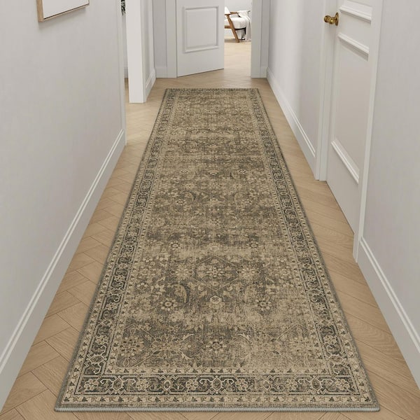 Princeton Brown 2 ft. x 8 ft. Distressed Vintage Floral Runner Rug