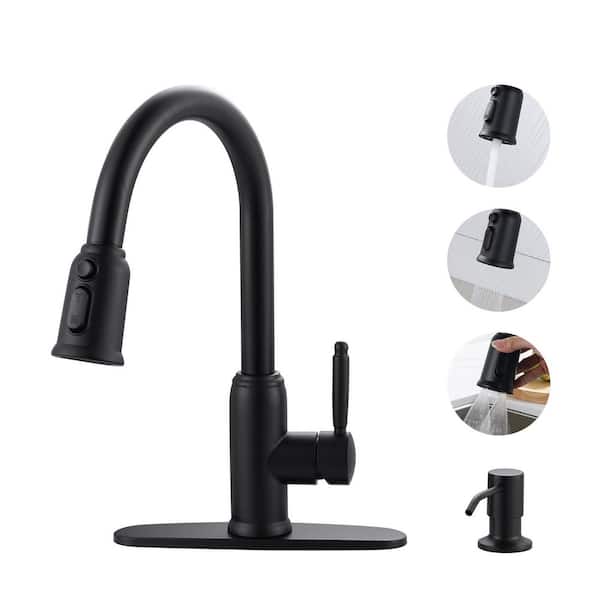 WOWOW Elegant Stainless Steel Single Handle Pull Down Sprayer Kitchen Faucet with Soap Dispenser in Matte Black