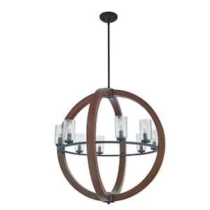 Grand Bank 28 in. 8-Light Auburn Stained Wood and Black Farmhouse Shaded Globe Chandelier for Dining Room