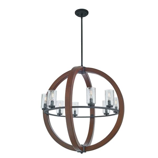 KICHLER Grand Bank 28 in. 8-Light Auburn Stained Wood and Black Farmhouse Shaded Globe Chandelier for Dining Room
