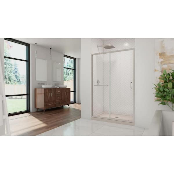 Infinity-Z 36 in. x 48 in. Semi-Frameless Sliding Shower Kit Door with Center Drain Shower Base in Biscuit