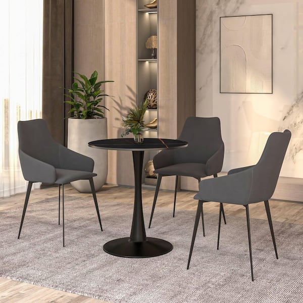 Bristol 24 in. Round Dining Table with Sintered Stone Top and Black Steel Pedestal Base in Black