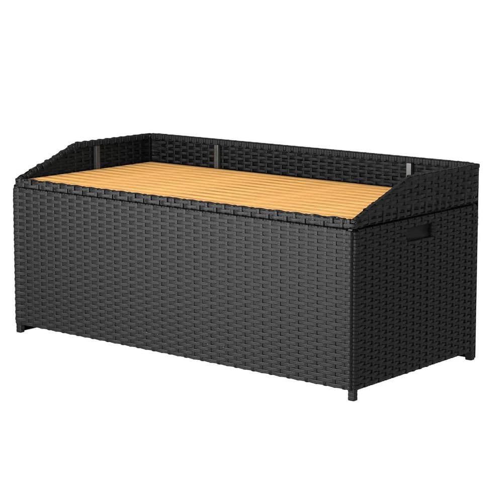 65 Gal. Black Wicker Deck Box with Wood Bench Surface and Dust Bag