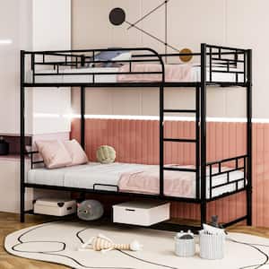 Detachable Black Twin over Twin Metal Bunk Bed with Under-Bed Shelf and Full-Length Guardrails for Upper Bed