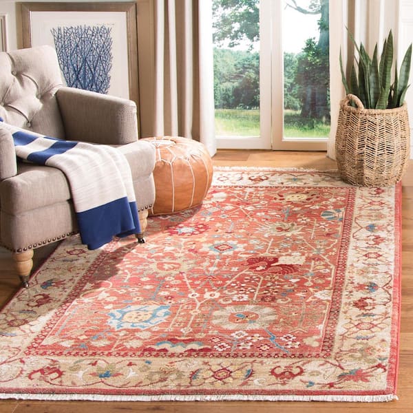 Kashan Red/Beige 5 ft. x 7 ft. Floral Border Area Rug