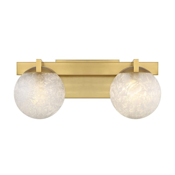Savoy House Darien 17 in. W x 7.25 in. H 2-Light Warm Brass Bathroom Vanity Light with Ice Glass Shades