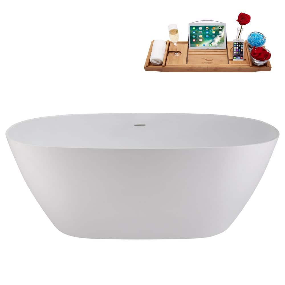 67" Matte White Stone Resin Freestanding Soaking Tub with Chrome Drain