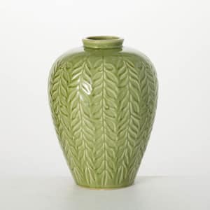 11 in. Embossed Leaf Green Vase, Ceramic