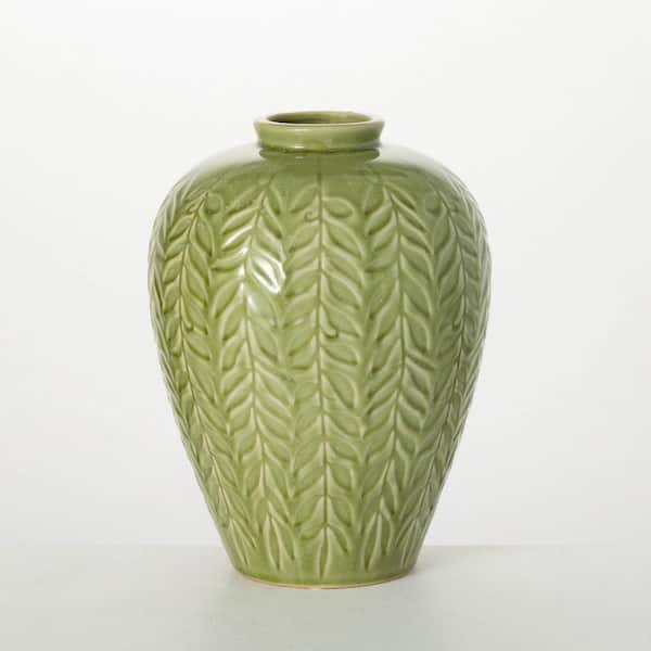 SULLIVANS 11 in. Embossed Leaf Green Vase, Ceramic