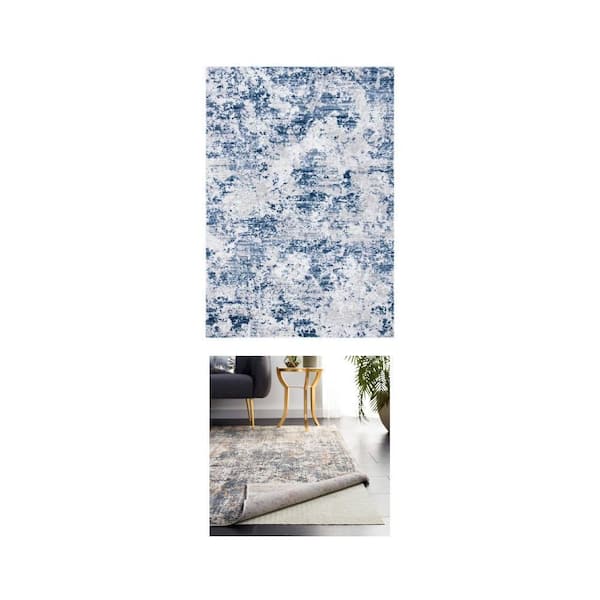 Amelia Navy/Gray 9 ft. x 12 ft. Abstract Area Rug and 9 ft. x 12 ft. Non-Slip 0.08 in. Rug Pad Combo