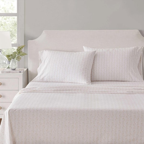 MS Ditsy Vine 4-Piece White/Pearl Peach Percale Cotton Queen Sheet Set