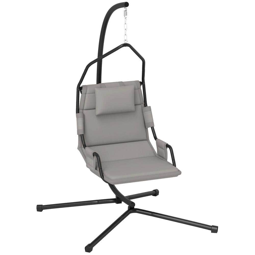 Hammock Chair w/Stand-Indoor/Outdoor, Padded Cushion, Steel Frame, Adjustable, 265lb Cap (Gray/Black)