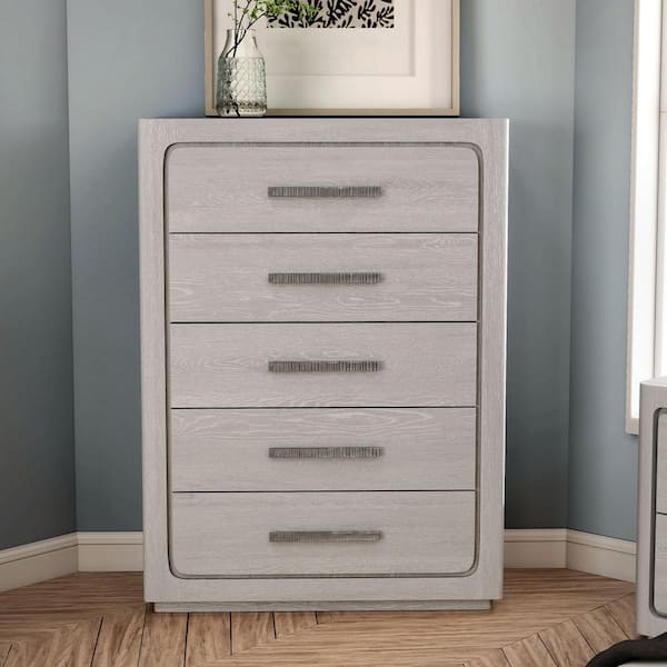 Furniture of America Rally White Oak 5-Drawer 38 in. Chest of Drawer with Felt-Lined Top Drawer and Rounded Edges