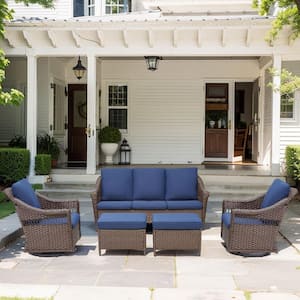 Nyajiah 5-Piece Wicker Patio Conversation Set with Blue Cushions