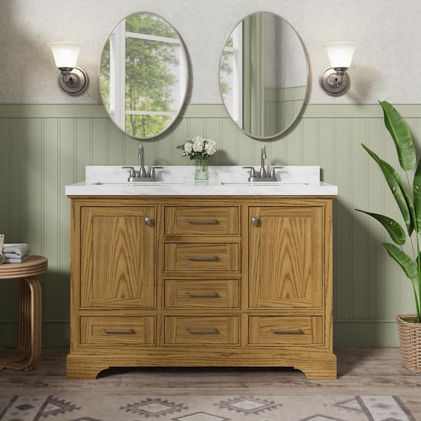 48 in. W x 33.5 in. H Double Sinks Freestanding Walnut Bath Vanity with White Carrara Engineered Quartz Top (Assembled)