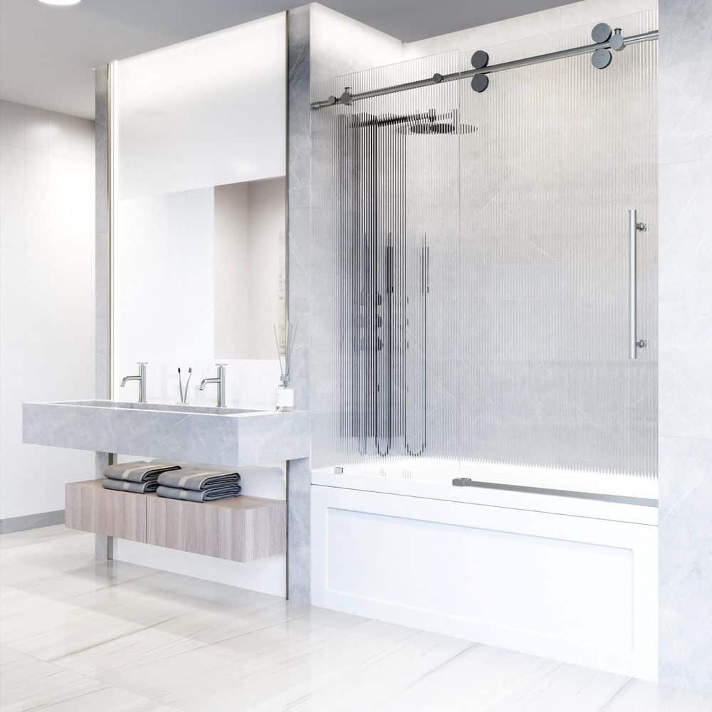 Elan Frameless Sliding Tub Door in Stainless Steel with Fluted Glass