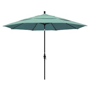 11 ft. Black Aluminum Pole Market Aluminum Ribs Crank Lift Outdoor Patio Umbrella in Spectrum Mist Sunbrella