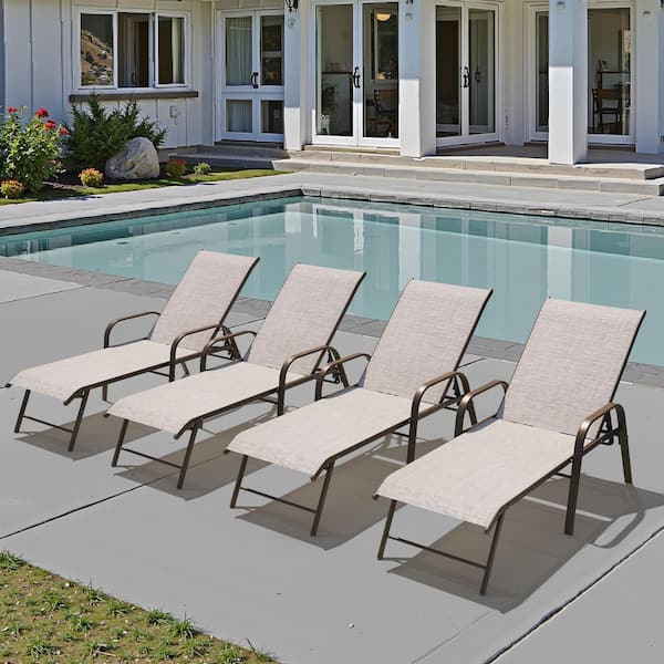 Pellebant Brown 4-Piece Aluminum Metal Patio Outdoor Chaise Lounge Chairs in Beige with Adjustable Back
