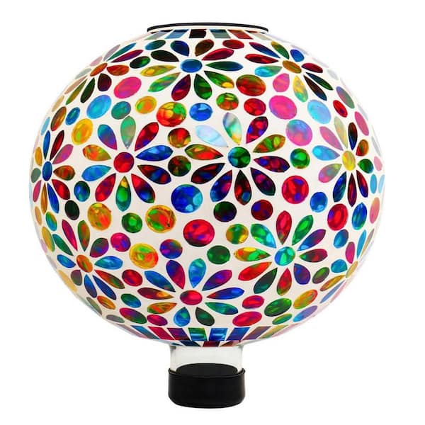 10 in. Mosaic Glass Gazing Ball with Solar Light Outdoor Solar Gazing Globe Handmade IP44 Waterproof Garden Decor Sphere