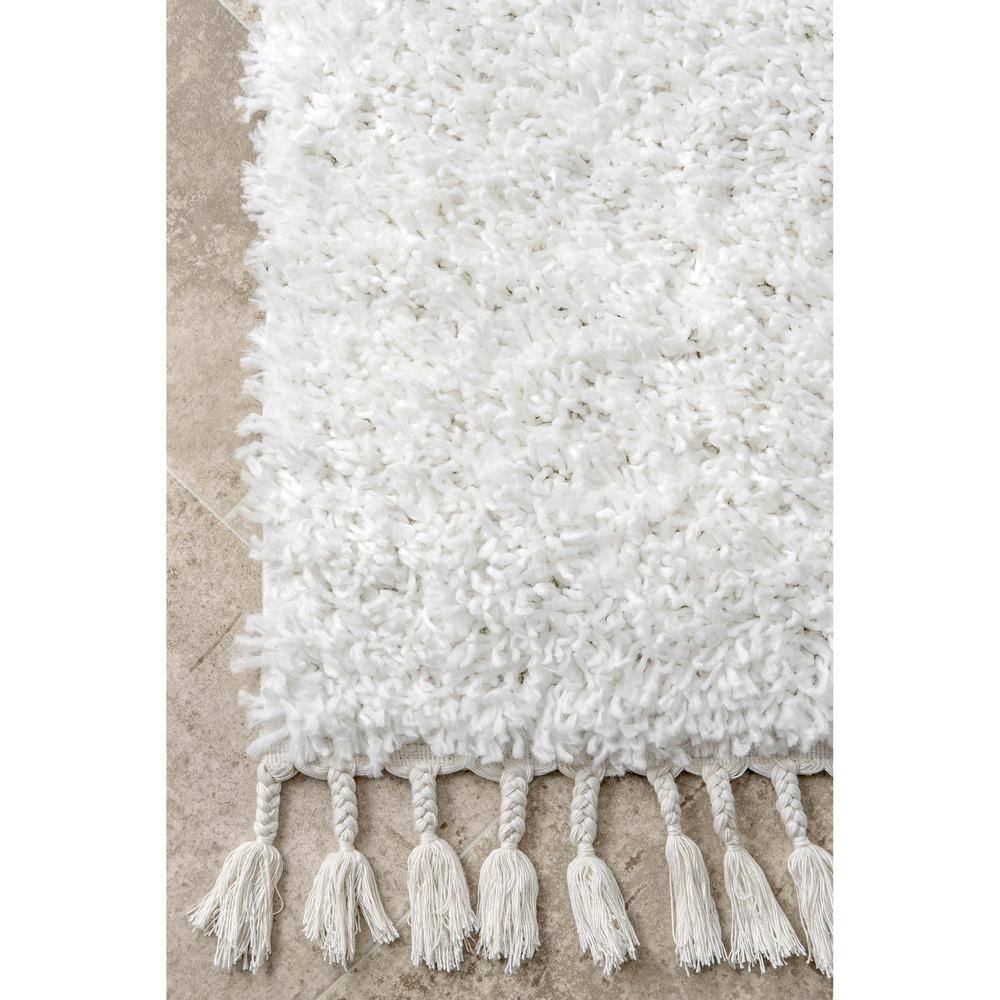Ivory Rectangular Braided Shag Area Rug with Tassels
