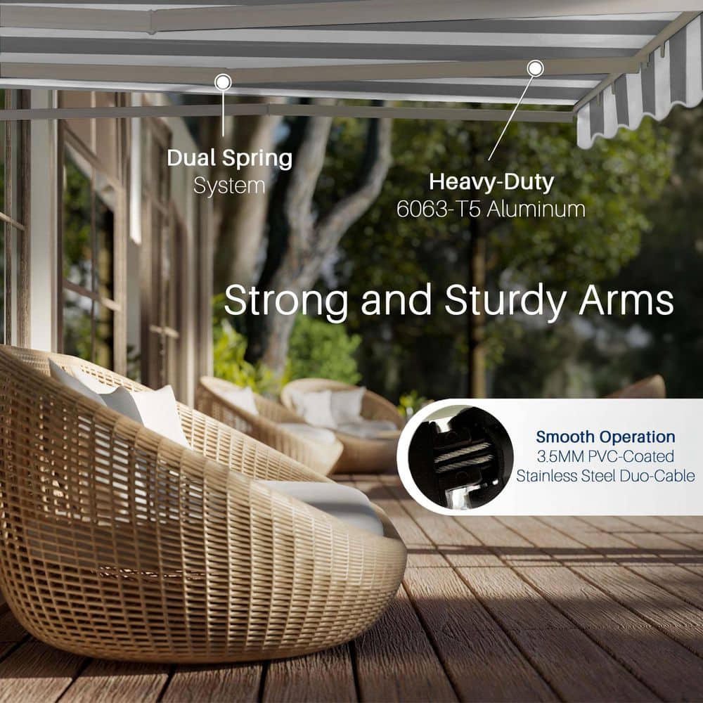 Gray and White Striped Motorized Retractable Patio Awning, 10' x 8'