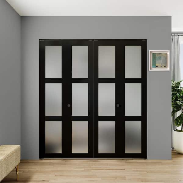 72 in.x 78 in. (Double 36 in.) 3-Lite Frosted Glass Solid Core Black Finished MDF Closet Bi-Fold Door with Hardware Kit