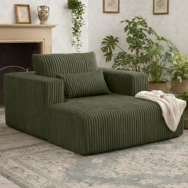 Nelson Modern Green Corduroy Upholstered Chaise Lounge Compressed Sofa with 2 Lumbar Pillows